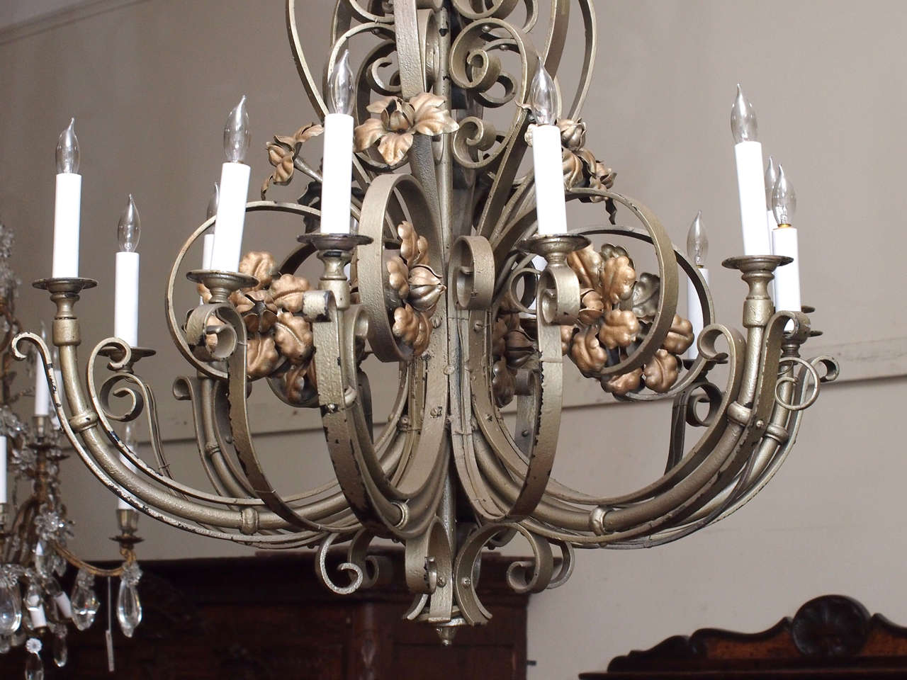Antique French 12 Light Polished Steel Chandelier circa 1920 1