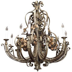 Antique French 12 Light Polished Steel Chandelier circa 1920