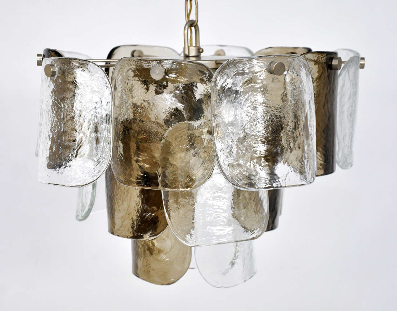 Murano glass petal chandelier by Carlo Nason for Mazzega.  Smoked and clear glass petals over nickel structure.  36