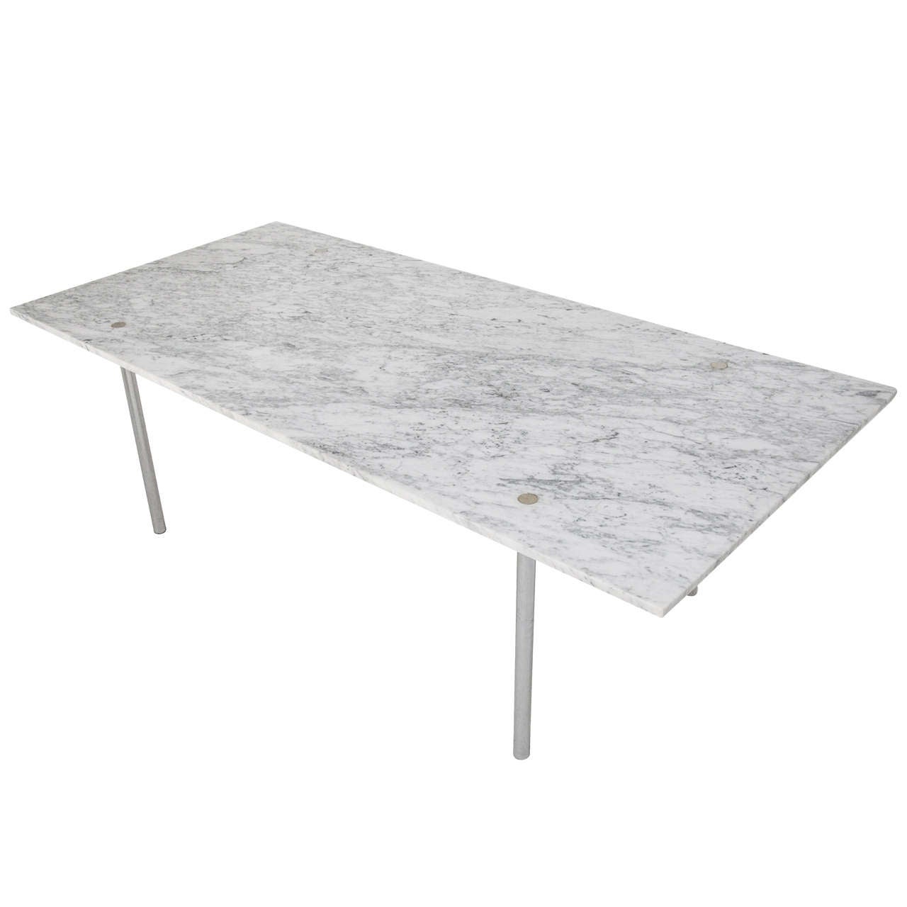 Marble dining table with extension consoles by William Katavolos, Ross Littel, and Douglas Kelly. Manufactured by Lavern International. Beautiful marble top.

Two console tables designed to also be used as table extensions are included. Table