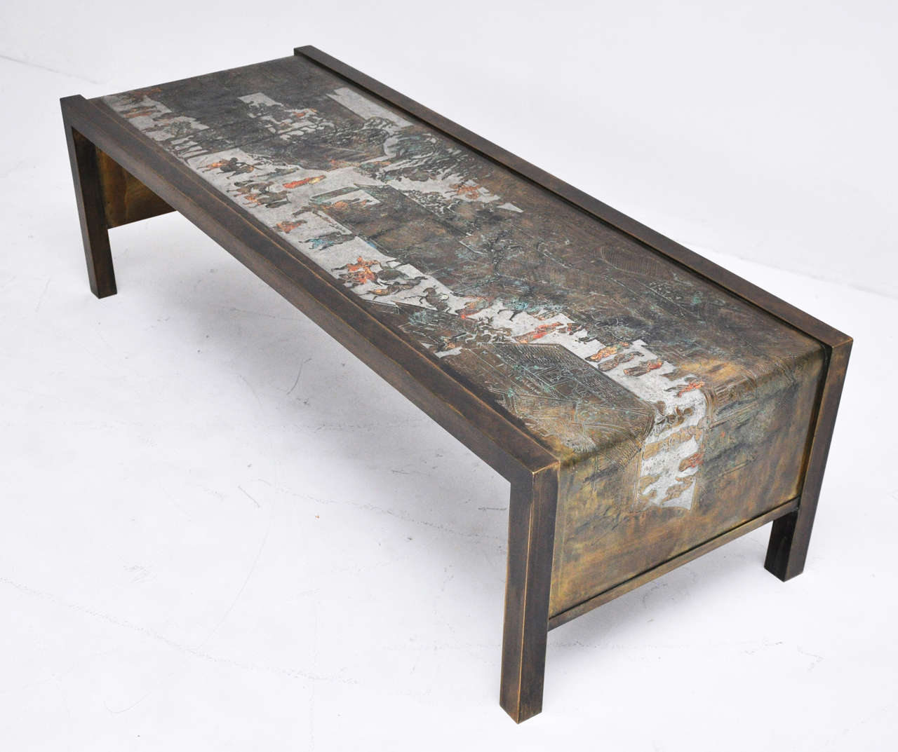 Rare waterfall coffee table by Philip and Kelvin LaVerne. Bronze with polychrome finish. Asian village scene from the 