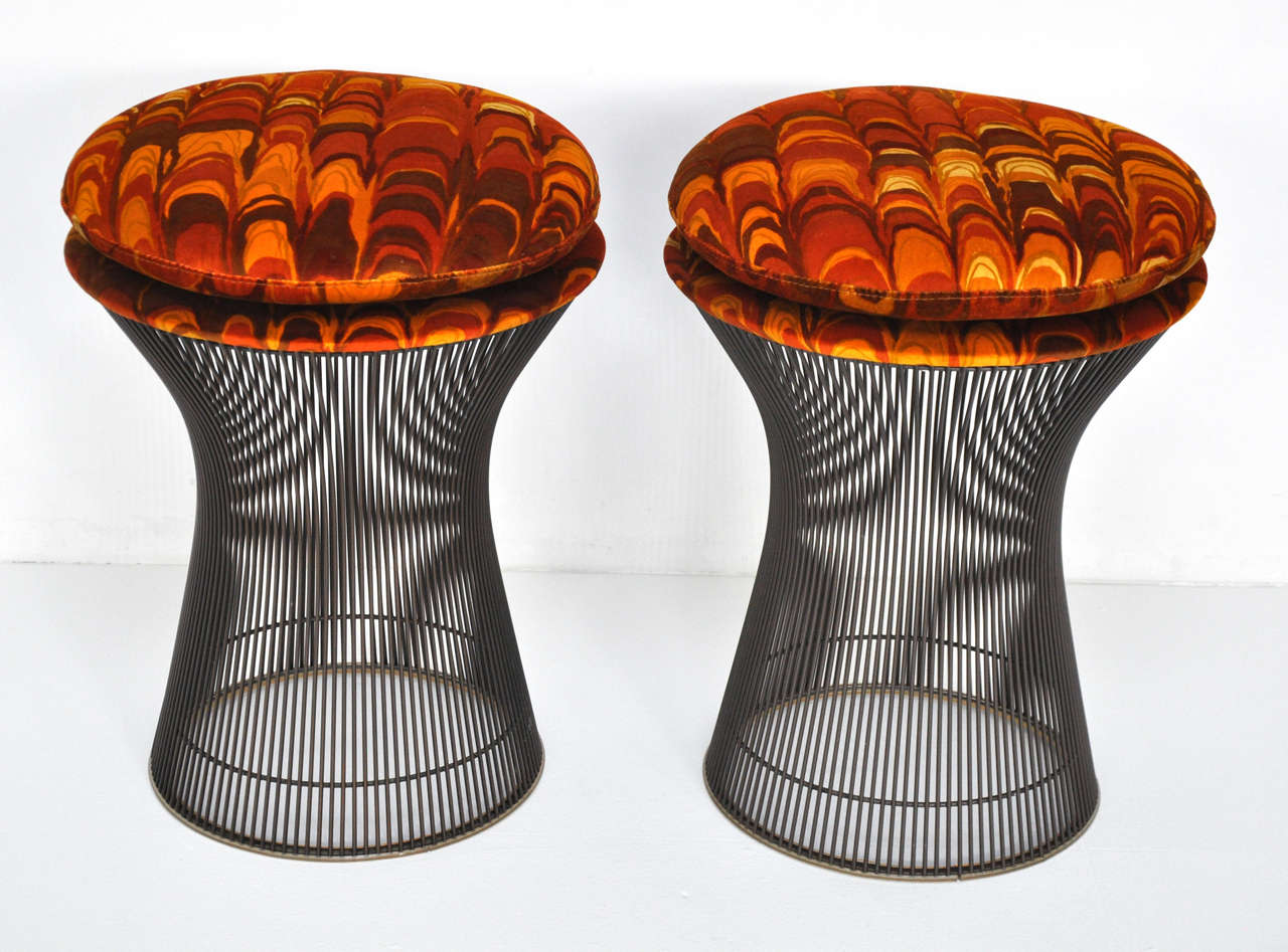 Pair of Bronze frame stools by Warren Platner for Knoll.  Newly upholstered in Jack Lenor Larsen velvet.