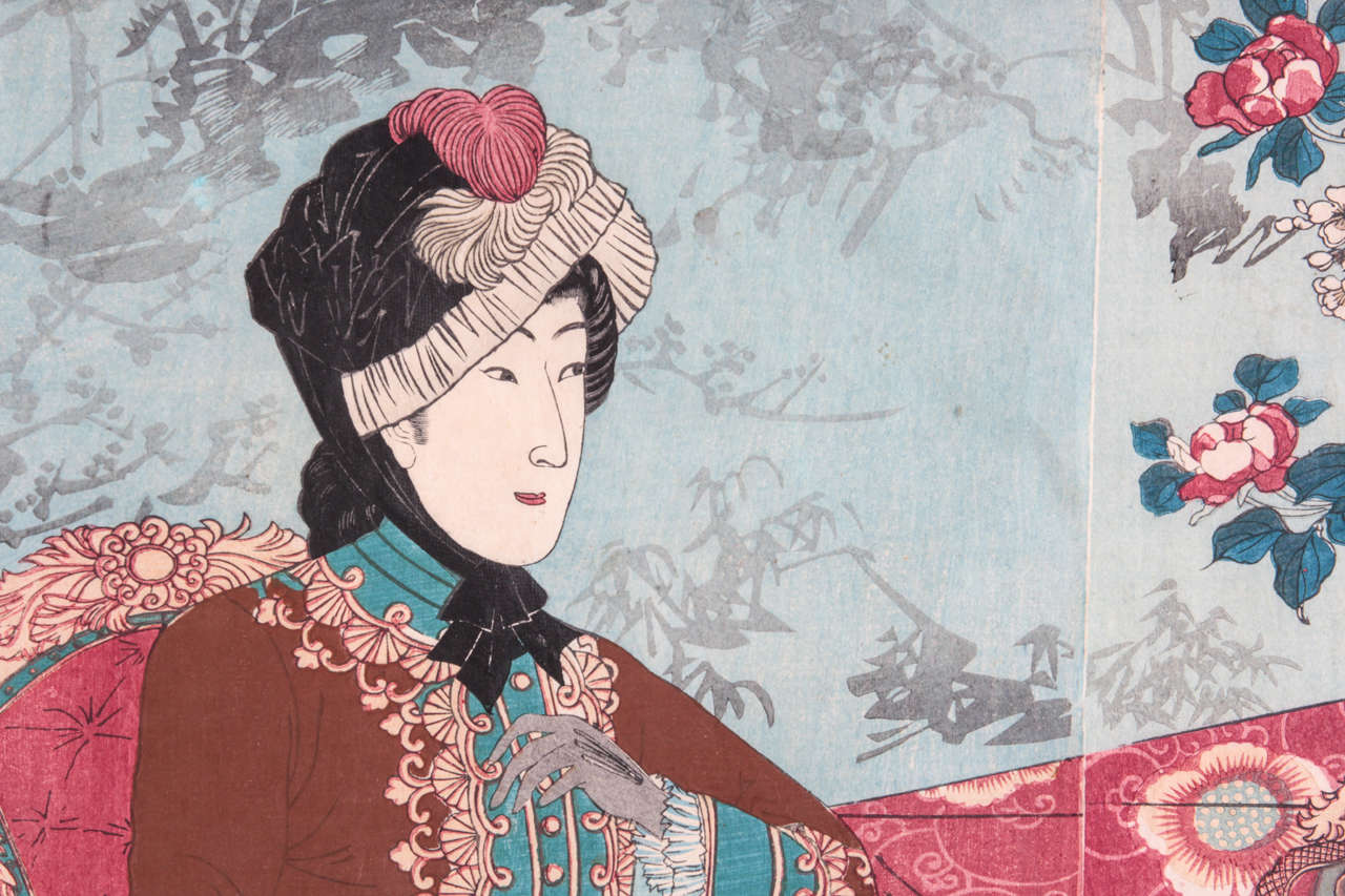 Important Japanese Color Woodblock Triptych of the Imperial Family In Good Condition For Sale In New York, NY