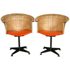 Pair of 1960s Iron & Rattan Swivel Chairs
