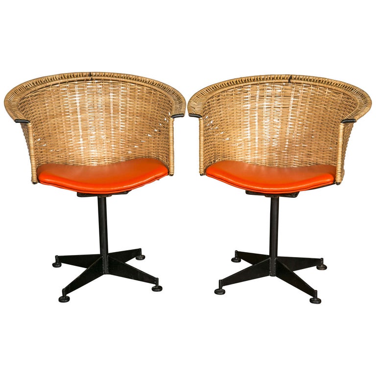 Pair of 1960s Iron & Rattan Swivel Chairs For Sale