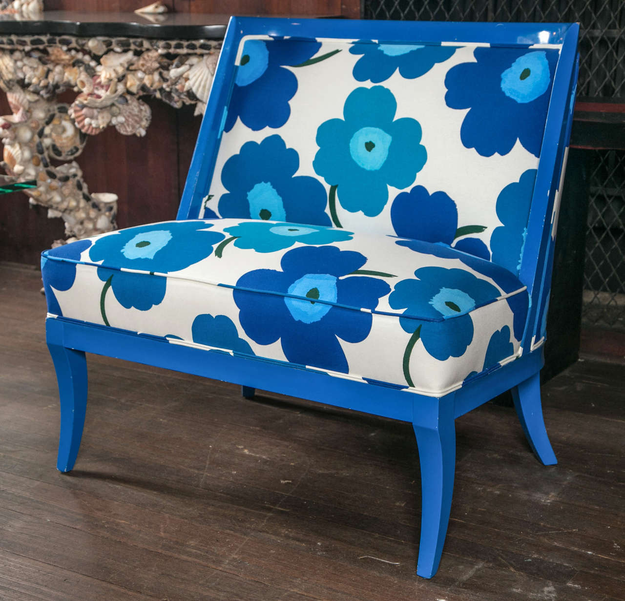 Boudoir chair newly upholstered in vintage Marimekko blue poppy fabric, 1970s. Seat height is 20
