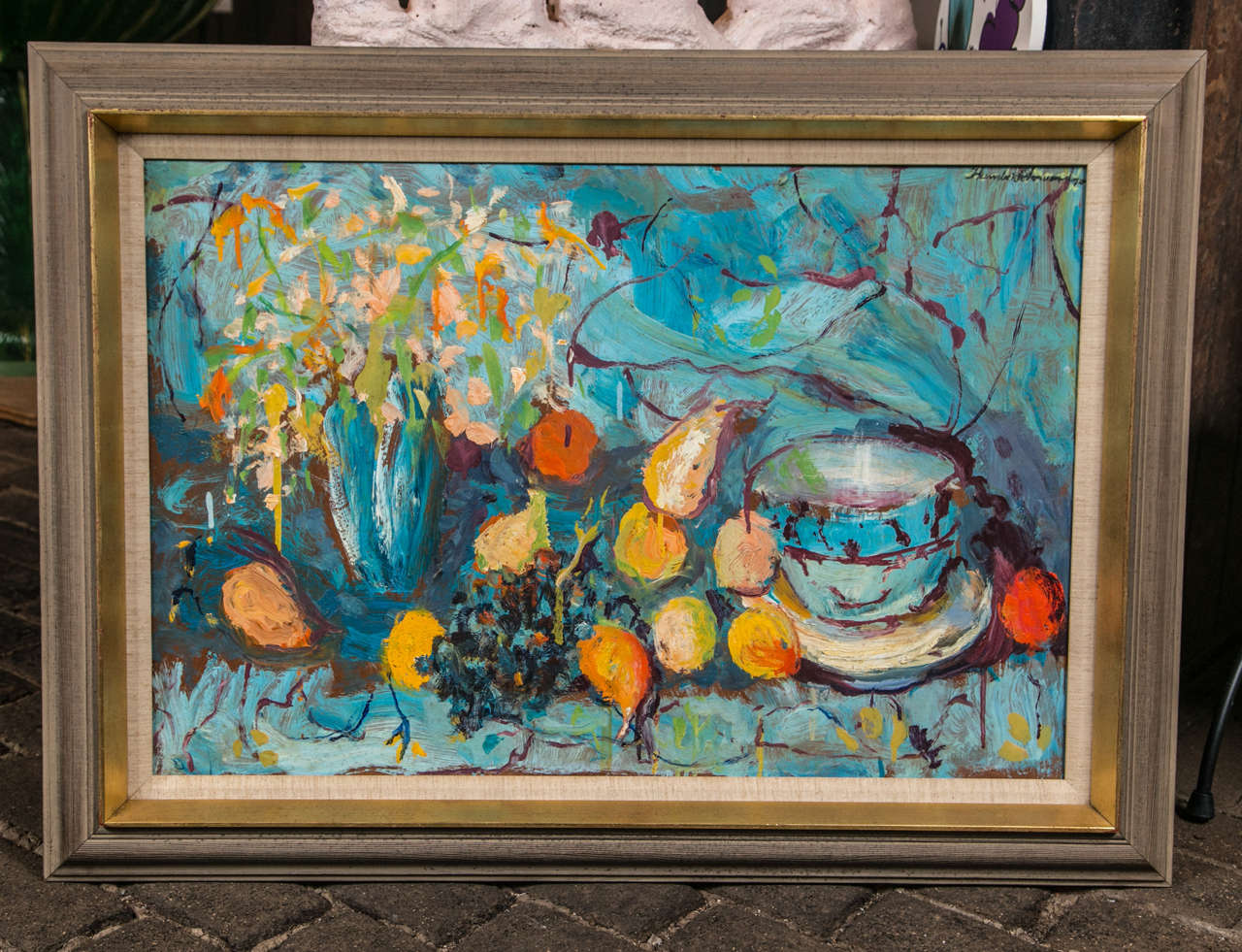 1970s still life painting by African-American painter, Humbert Howard (1905-1990). Original framing chosen by Howard. Dimensions of the painting in the frame are 31