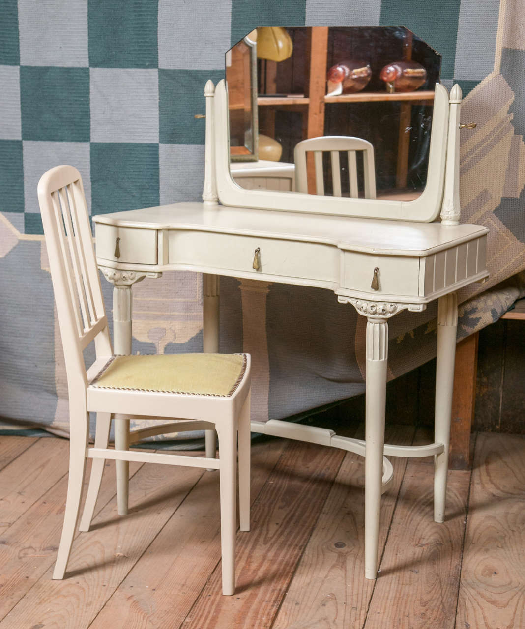 Charming French Art Deco dressing table and chair. Table height is 29.75. Chair is 15 W x 16 D x 35.5 H x 17 SH.