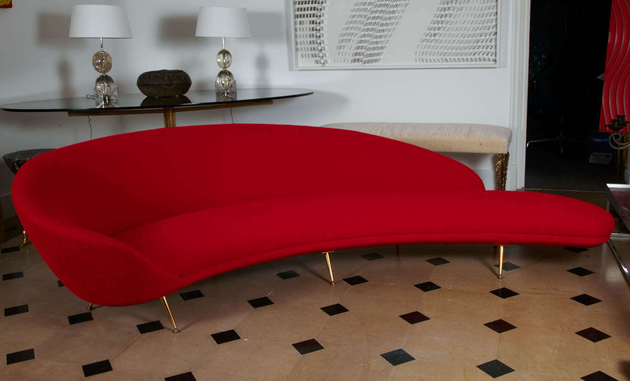 Italian curved sofa with brass feet, reupholstered in 