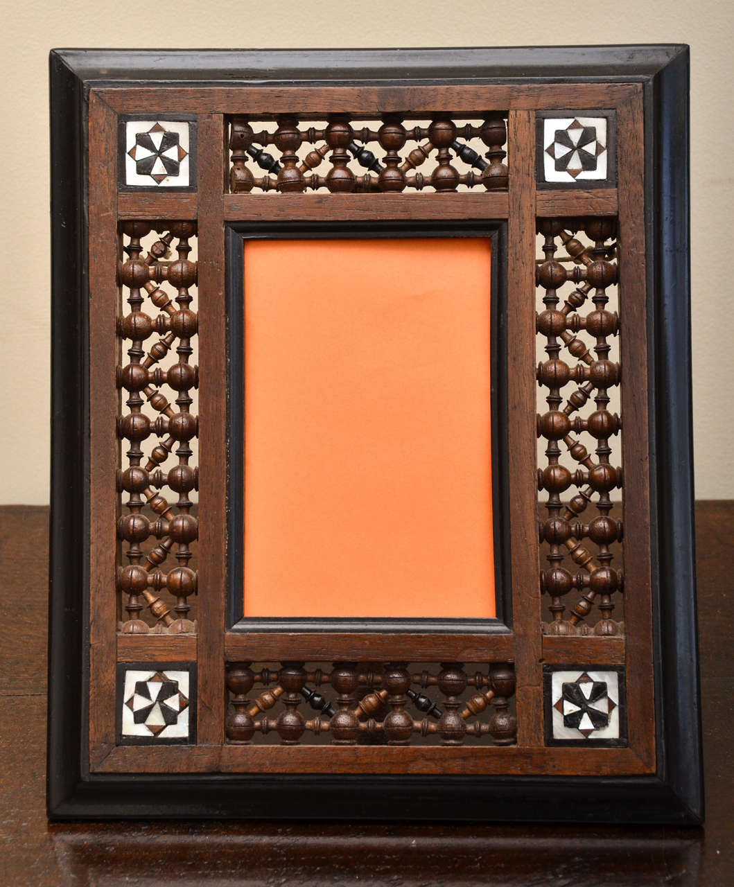 Pair Syrian Picture Frames With Turned Mashrabiya Panels Inlaid Sadeliwork ( Pieces Of Mother Of Pearl & Ebony Forming A Diamond & Star Pattern ) At The Corners. Very Decorative -- Great For Photo's. Interior Dimensions 4.5