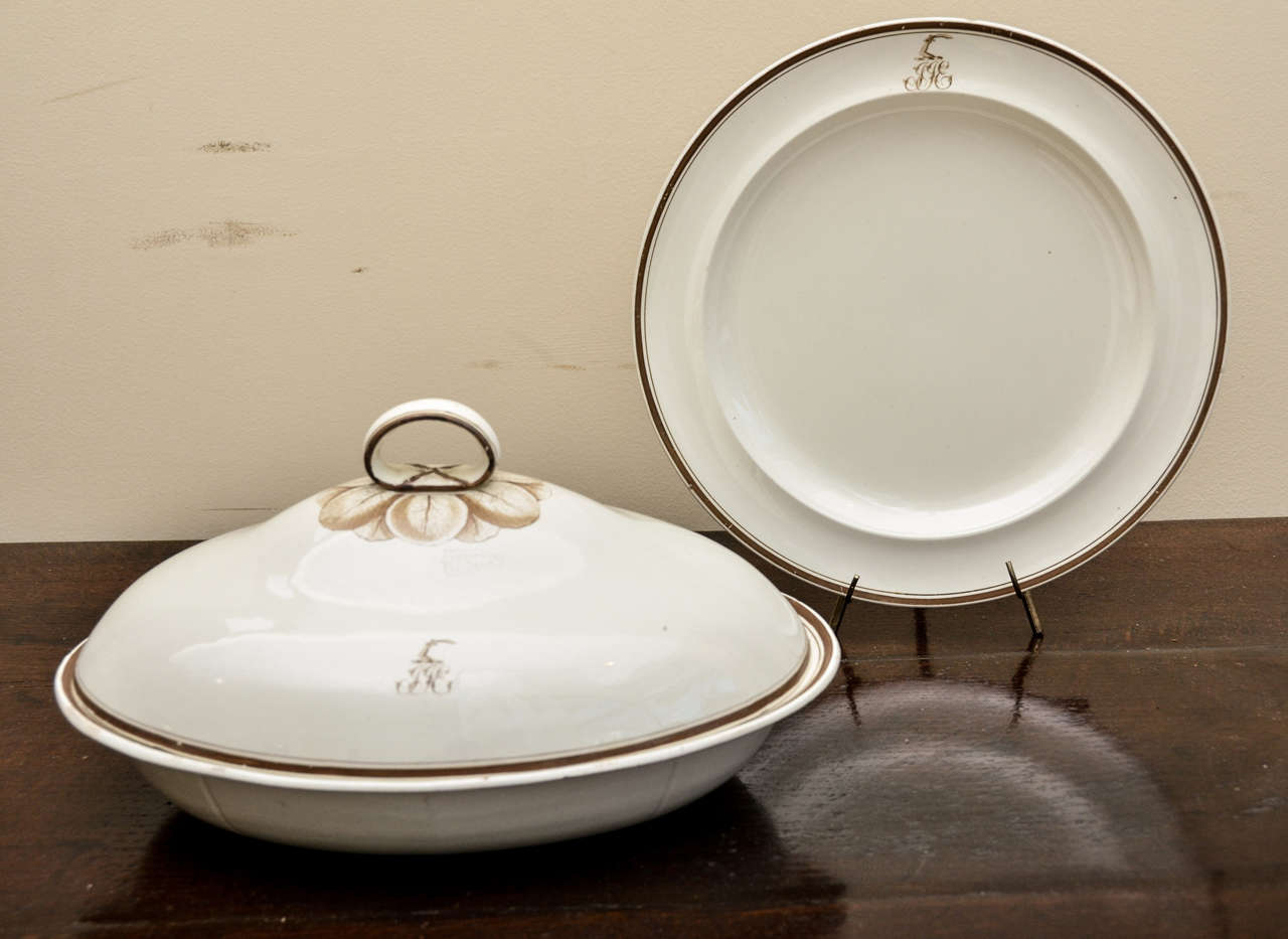 English Creamware Plate & Covered Dish with Crest & Initials