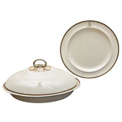 Antique English Creamware Plate & Covered Dish with Crest & Initials