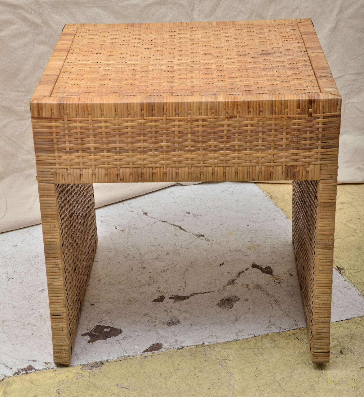 1980's Woven Wicker One Drawer Cube Table . Campaign Style    Brass Drawer Pull. Brass Corner Plates At Front.