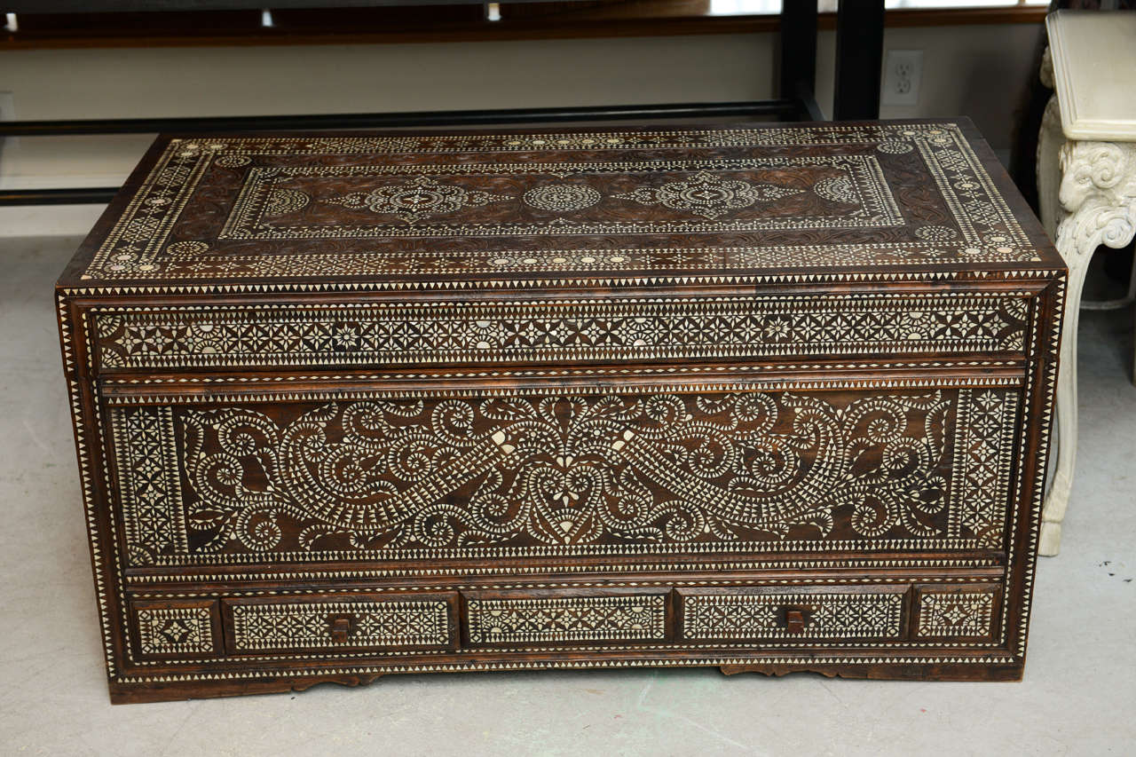 Beautifully inlaid Mother of Pearl trunk with two drawers.