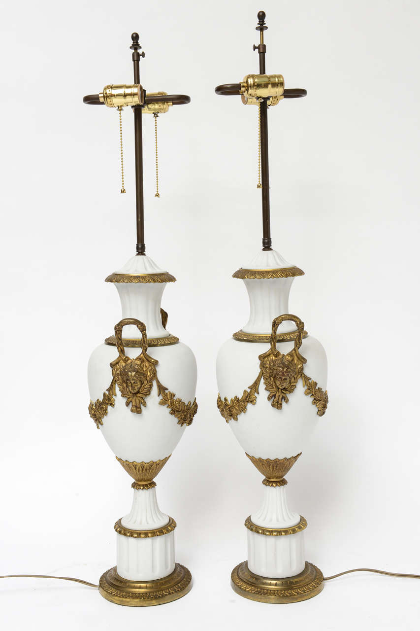 19th Century Pair of Bisque and Bronze Lamps