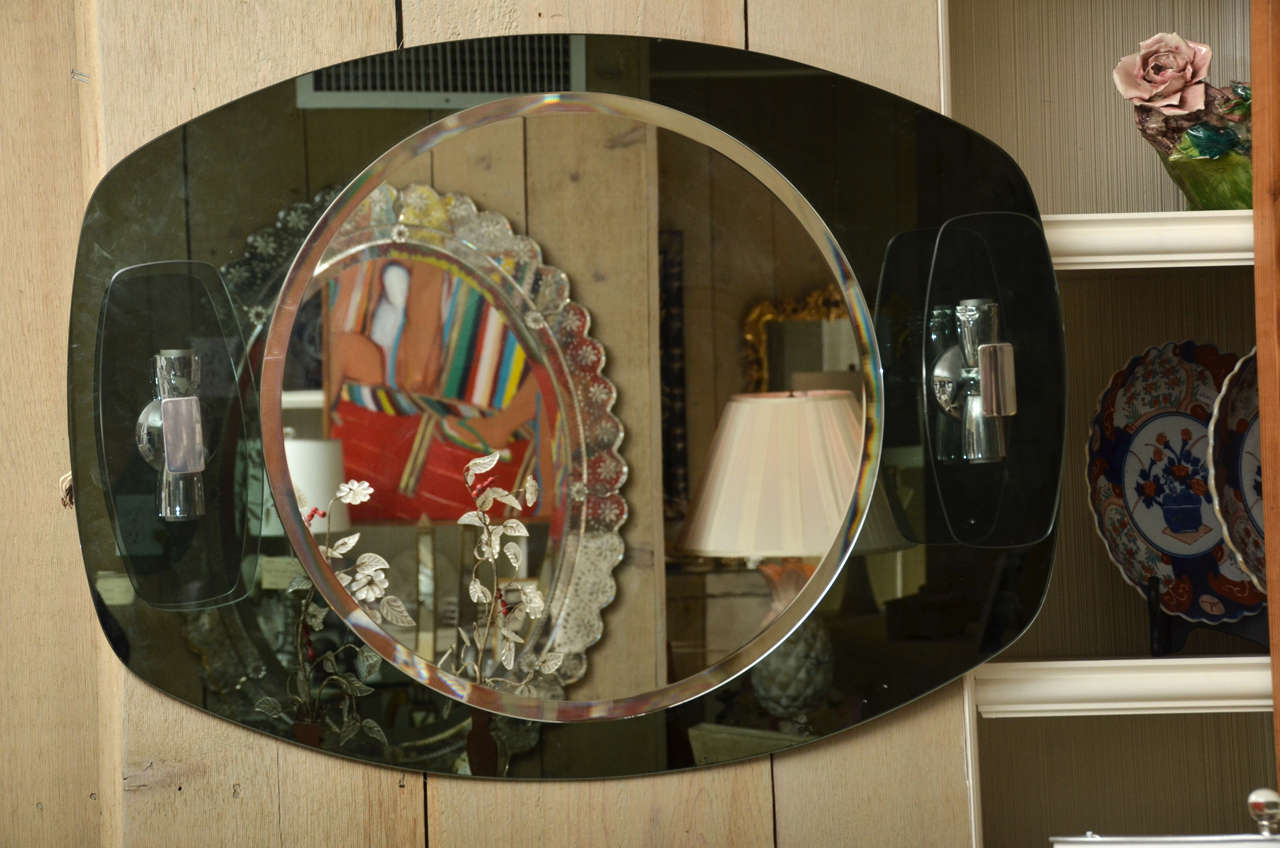 Oval Blue Mirror with Central Beveled Mirror