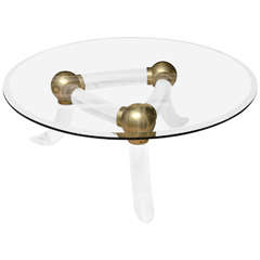 Unusual Lucite and Brass Round Glass Top Coffee Table