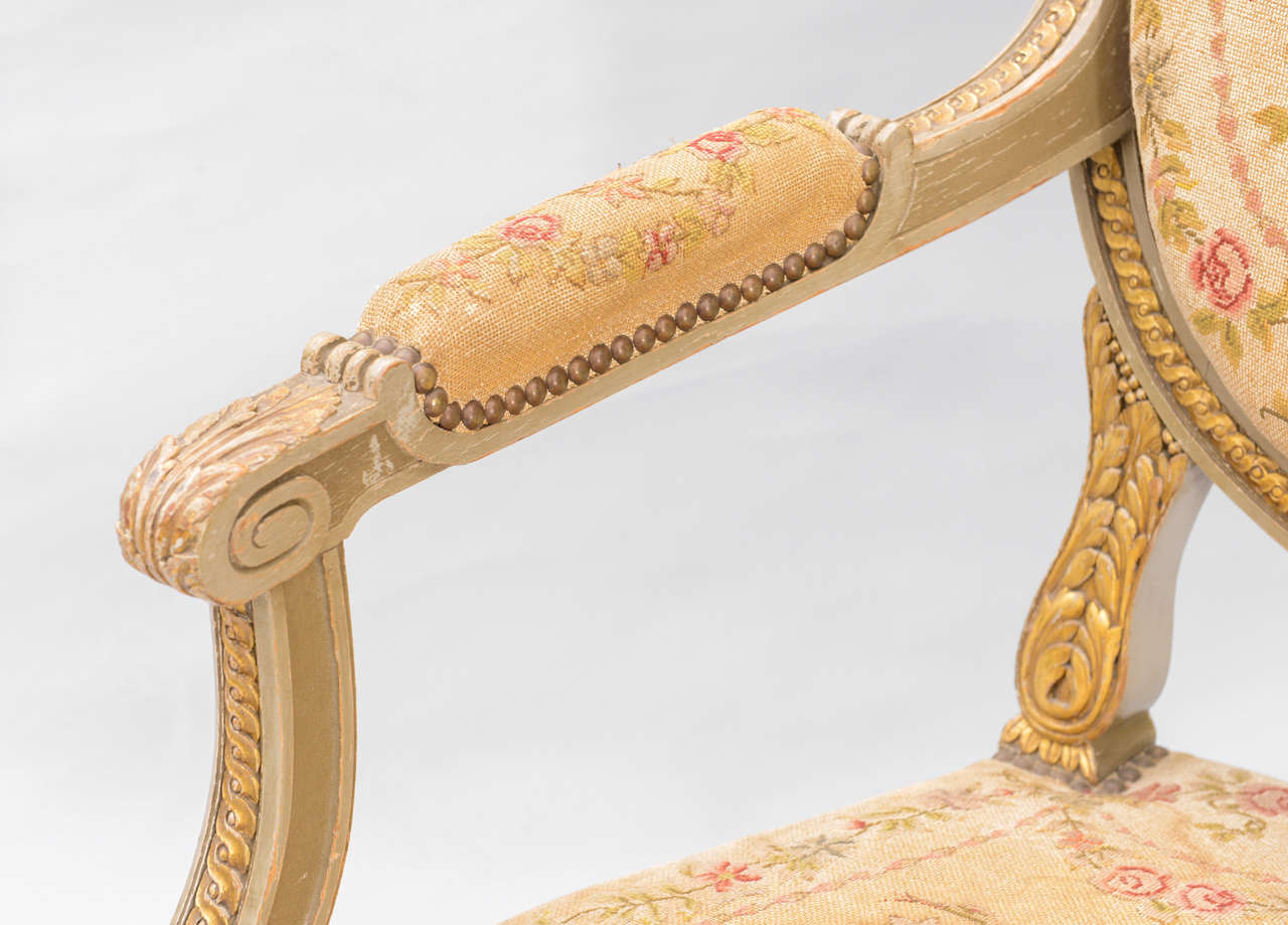 Hand-Carved Louis XVI Needlework Upholstered 19th Century Settee