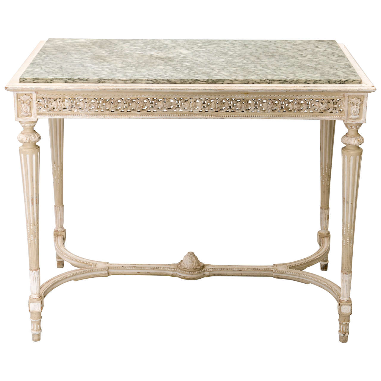 Blue Teal English Parlor or Console Table with Marble Top For Sale at