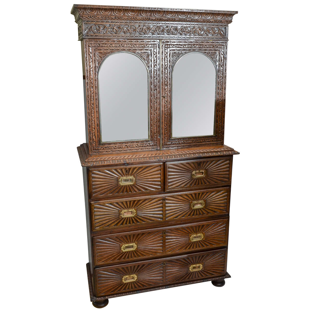 Anglo-Indian Campaign Mirrored Door Cupboard on Five-Drawer Chest For Sale