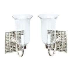 square shaped etched mirrored sconces with glass globes