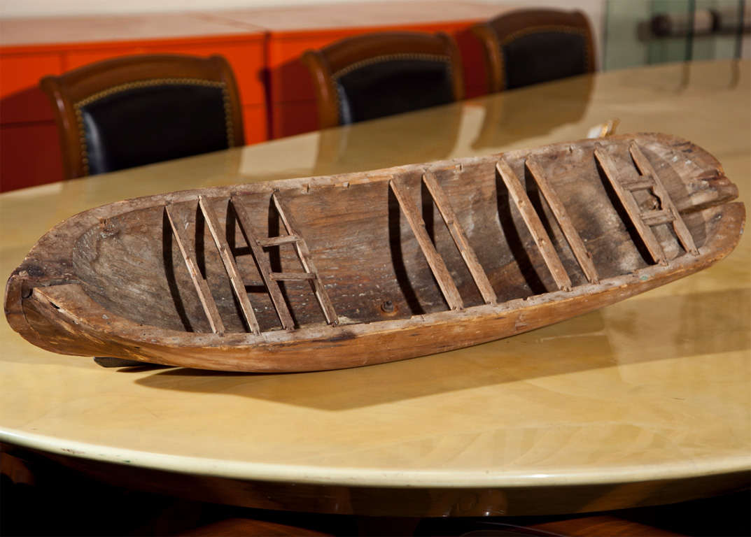 Antique pond boat or ship model in raw wood with original lead keel weight.