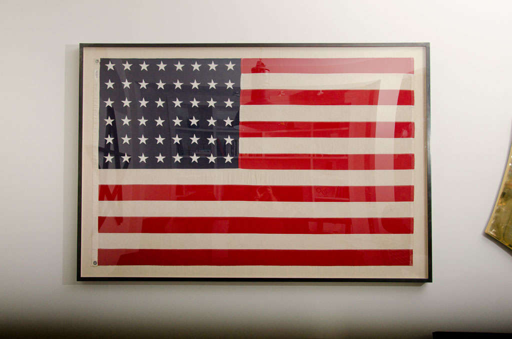 Vintage American Flag Hand Sewn onto Linen with Museum Quality Custom Designed Frame in Solid Bronze.