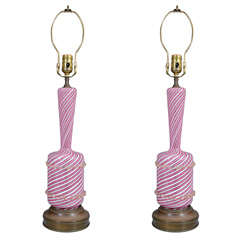 Pair of Mid Century Pink and White Murano Glass Lamps