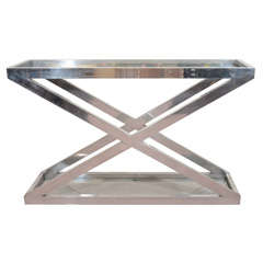 Mid Century Chrome and Glass X-Form Console Table