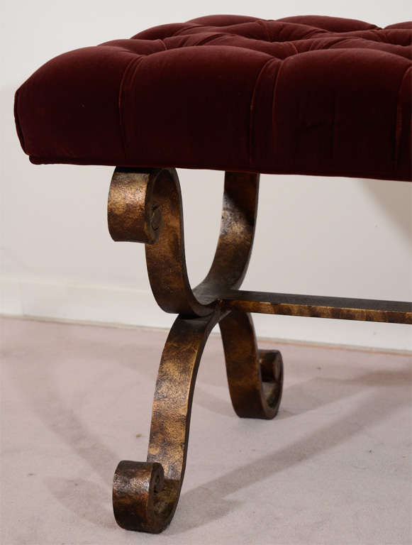 Mid Century Iron Base Bench with Burgundy Upholstery 2