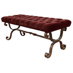 Mid Century Iron Base Bench with Burgundy Upholstery