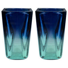 Pair of Blue and Green Ombre Effect Murano Glass Vases