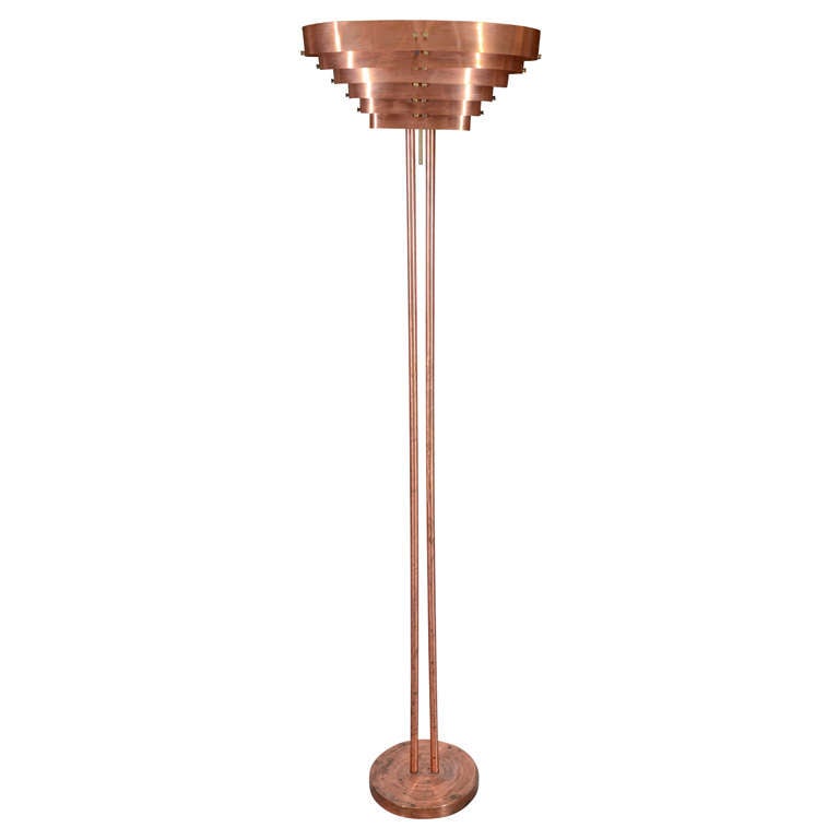 Art Deco Machine Age Copper Floor Lamp by Kurt Versen For Sale