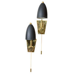 Pair of Petite French Brass and Black Enamel Sconces