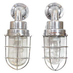 Vintage Pair of Mid Century French Industrial Lantern Form Ship Sconces
