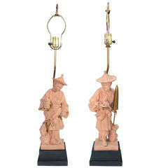 Pair of Vintage Sculptural Terracotta Chinoiserie Table Lamps
