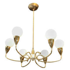 Mid Century Brass and Enamel Six-Arm Chandelier