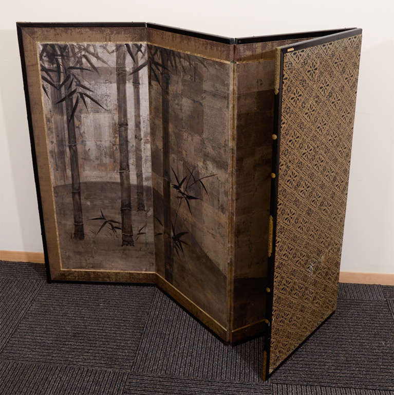 Japanese Four Panel Folding Screen with Bamboo and Bird Scene 2