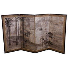 Japanese Four Panel Folding Screen with Bamboo and Bird Scene