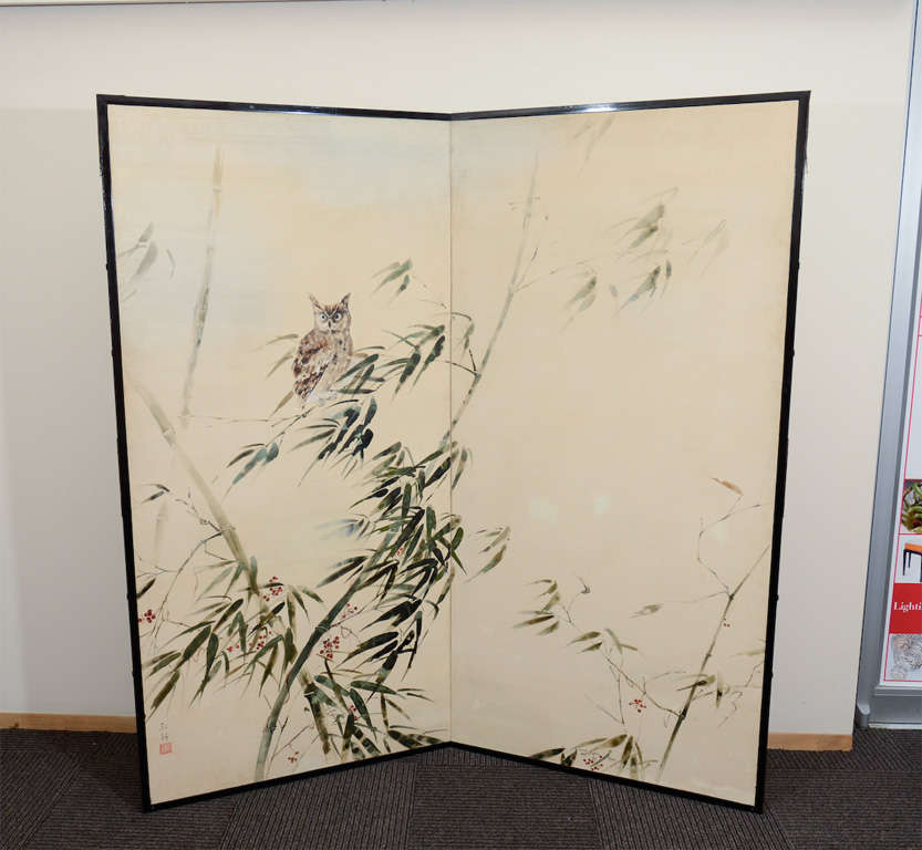 A two panel Japanese folding screen depicting an owl and bamboo on a white background. Signed and sealed Kou-ro.

4998