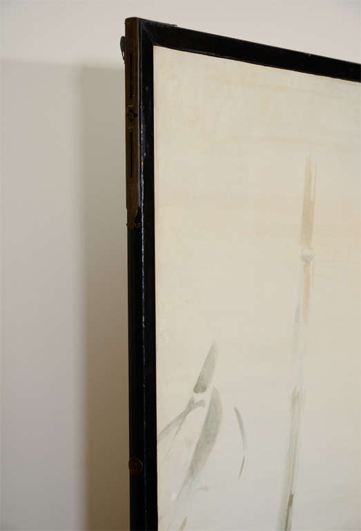 Japanese Two Panel Folding Screen with Owl and Bamboo In Good Condition For Sale In New York, NY