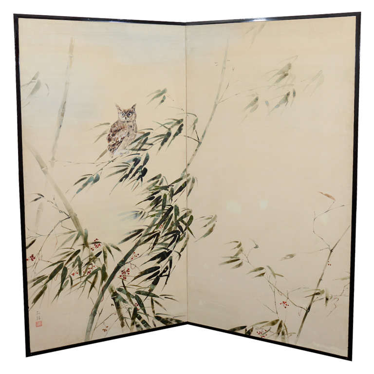 Japanese Two Panel Folding Screen with Owl and Bamboo