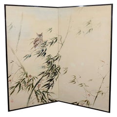 Antique Japanese Two Panel Folding Screen with Owl and Bamboo