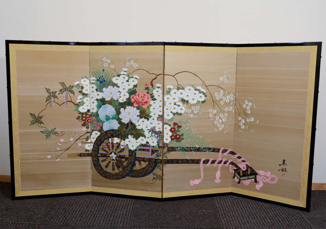A traditional style Japanese four panel folding screen depicting a flower cart full of red and white flowers.

10198