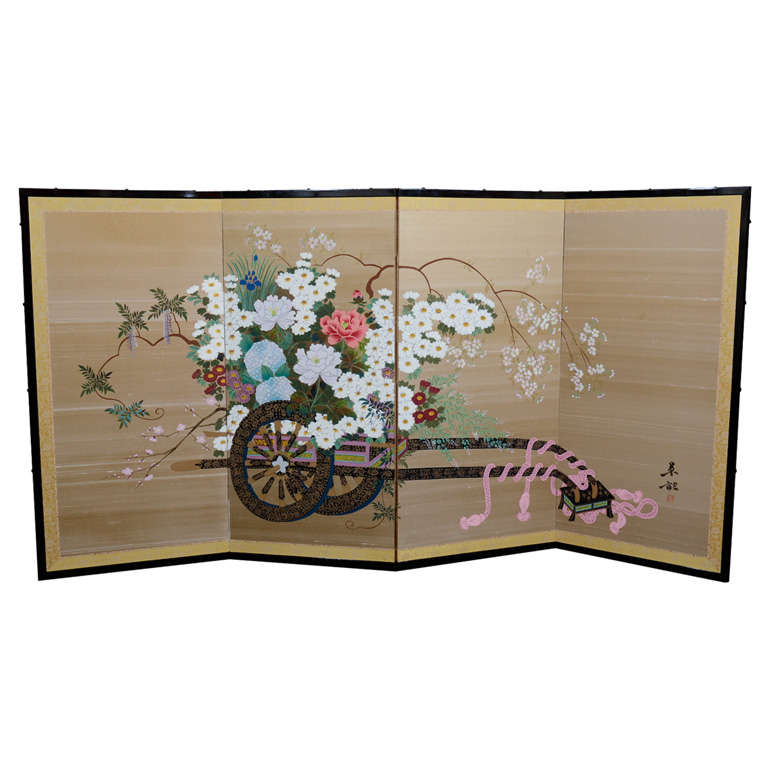 Vintage Japanese "Flower Cart" Folding Screen