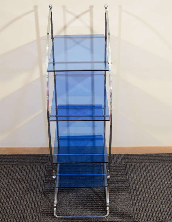 Modernist Art Deco Chrome Blue Glass Four-Tier Ètagerè In Excellent Condition For Sale In Mount Penn, PA