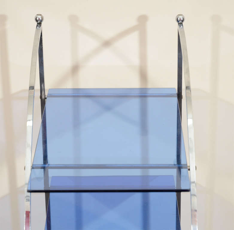 Mid-20th Century Modernist Art Deco Chrome Blue Glass Four-Tier Ètagerè For Sale