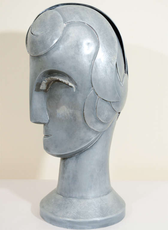 Art Deco Metal Sculpture of a Female Face Attributed to Walter Kantack 1