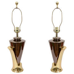  Great Pair of Karl Springer Style Sculptural Chrome and Brass Lamps