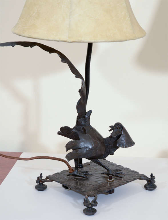Forged Exceptional Edgar Brandt Pair of Art Deco Pheasant Form Table Lamps For Sale